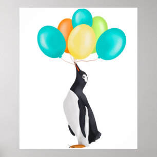 Poster Pinguim com balões coloridos