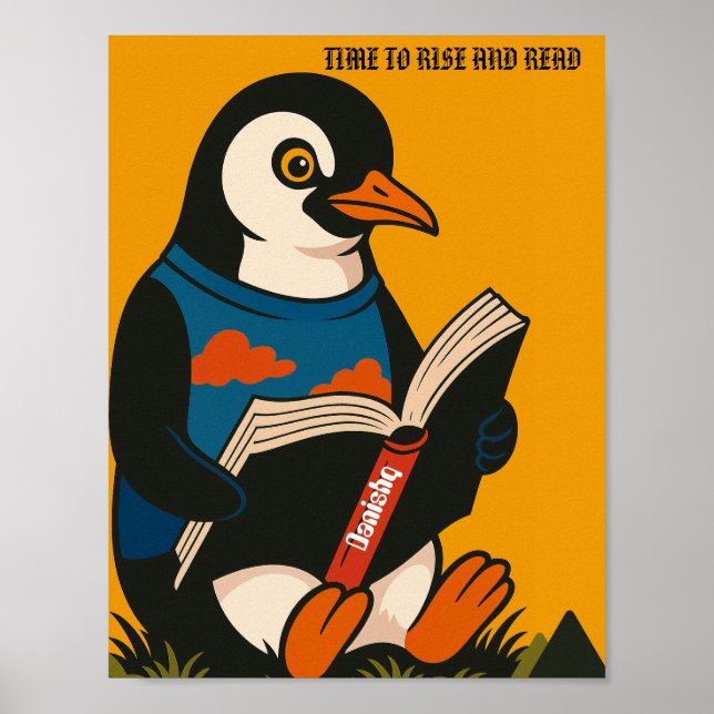 Poster Pinguim Com Um Livro — Hora De Levantar E Ler! (Frente)