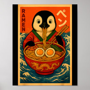 Poster Pinguim Comendo Macarrão Japonês Ramen Engraçado 