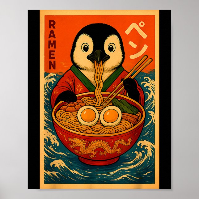 Poster Pinguim Comendo Macarrão Japonês Ramen Engraçado  (Frente)