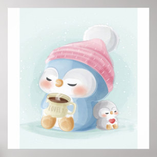 Poster Pinguim de desenho animado  Pinguim bonito com nev