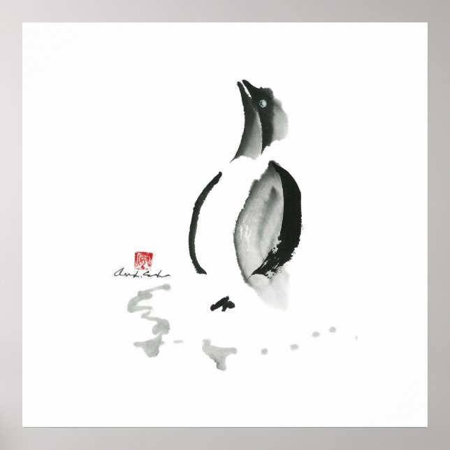 Póster Pinguim de Natal, Sumi-e (Frente)