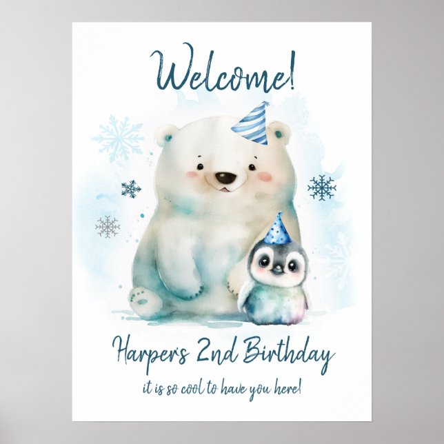 Poster Pinguim e Urso Polar Aniversário de inverno (Frente)