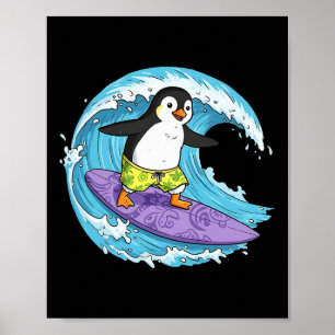 Poster Pinguim Engraçado Está Surfando Uma Onda Do Oceano