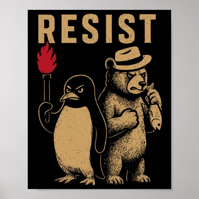 Poster Pinguim Engraçado Resiste Pinguins em Protesto Con (Frente)