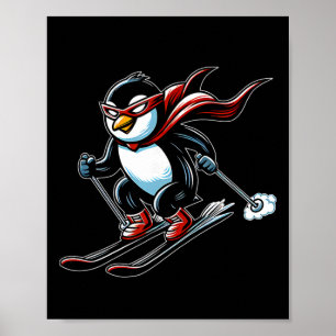 Poster Pinguim Esquiando Veloz Com Mascote De Cape Vermel