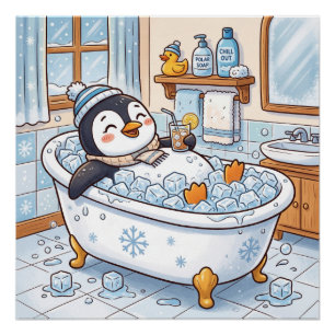 Póster Pinguim Feliz de Desenho Animado Fofo Tomando Banh