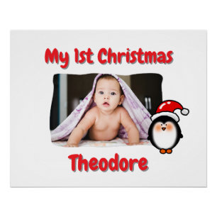 Póster Pinguim Fofo Primeiro Natal do Bebê Personalizado