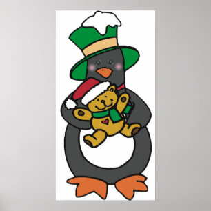 Poster Pinguim Irlandês Segurando Urso de Pelúcia de Nata