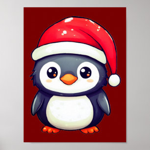 Poster Pinguim Kawaii Vestindo um Chapéu Noel Cozy neste 