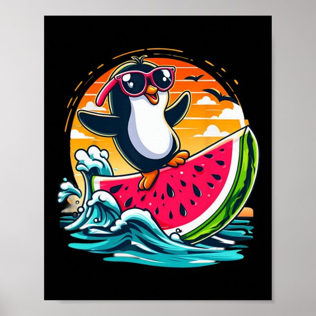 Poster Pinguim Óculos de Sol Melancia Surfe Pôr do Sol de (Frente)