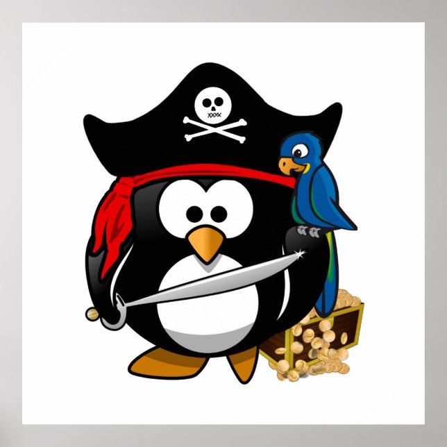 Póster Pinguim Pirata Bonito com Treasure Chest (Frente)