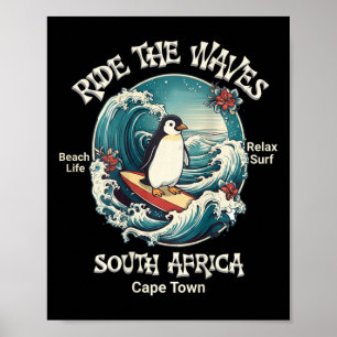 Poster Pinguim Surfando Ondas África do Sul Cape Cod Surf