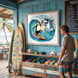 Poster Pinguim Surfista e Tubarão Cumprimento de Mão