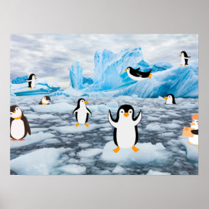 Poster pinguins bonitos no gelo da Antártica