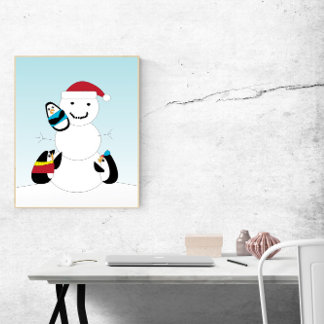 Poster Pinguins construindo um boneco de neve no inverno