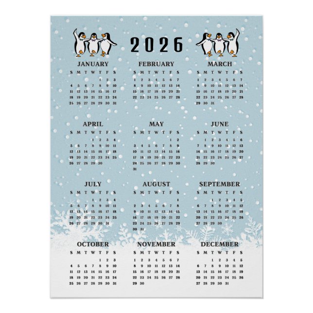 Póster Pinguins Dançantes Calendário 2026 (Frente)