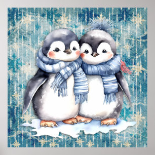 Poster Pinguins de Aquarela Azul-Inverno Escarpando Chapé