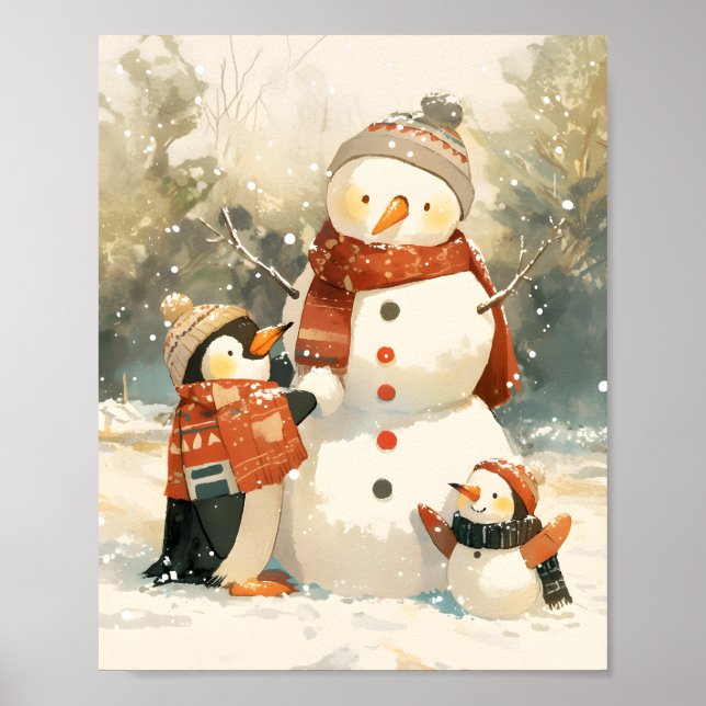 Poster Pinguins Fofos & Boneco de Neve – Aquarela de Inve (Frente)