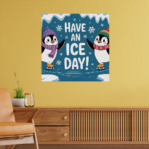 Poster Pinguins Fofos Patinando no Gelo Cartoon, Tenha um