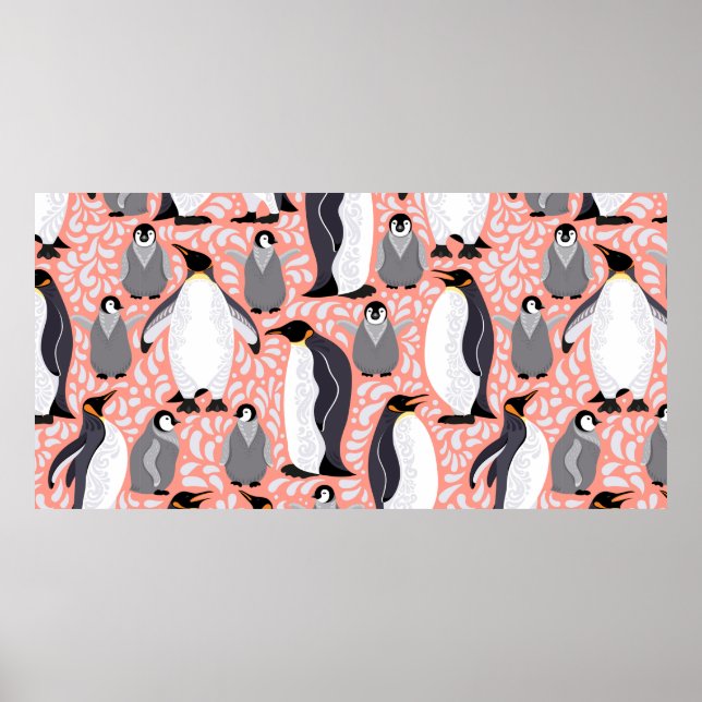 Poster Pinguins imperadores e seus filhotes em um padrão  (Frente)