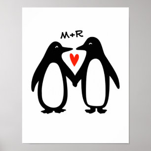 Poster Pinguins Segurando Mãos Iniciais Personalizadas de