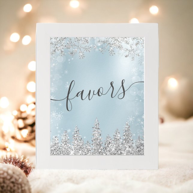 Poster Pinheiro de neve azul-gelo prateado favorece chá d (Silver ice blue snow pine favors bridal shower poster)
