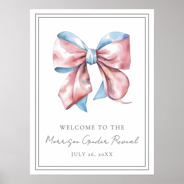 Poster Pink And Blue Bow Gender Reveal Party Welcome Sign (Frente)