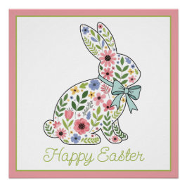 Póster Pink and Blue Wildflower Easter Rabbit