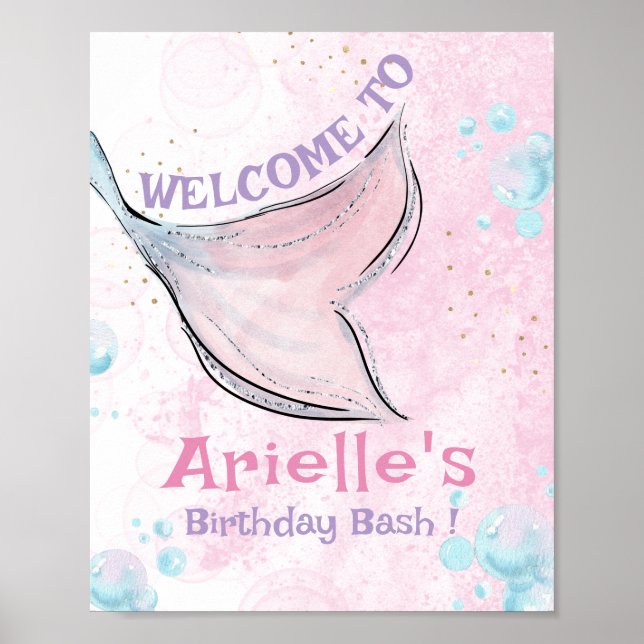 Poster Pink and purple watercolor mermaid tail Welcome (Frente)