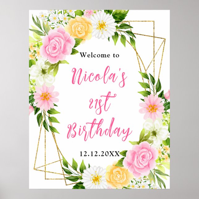Poster Pink and Yellow Flower Birthday Welcome (Frente)