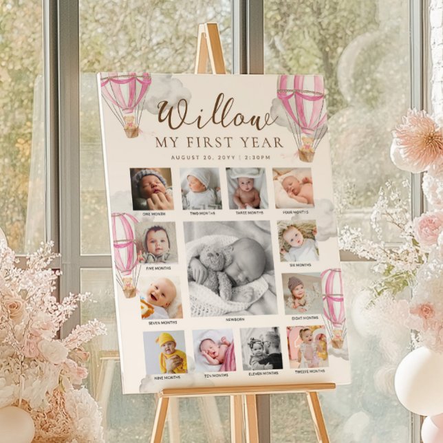 Poster Pink Beary First Birthday Photo Timeline (Criador carregado)