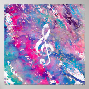 Poster Pink Blue Watercolor Paint Music Note Treble Clef