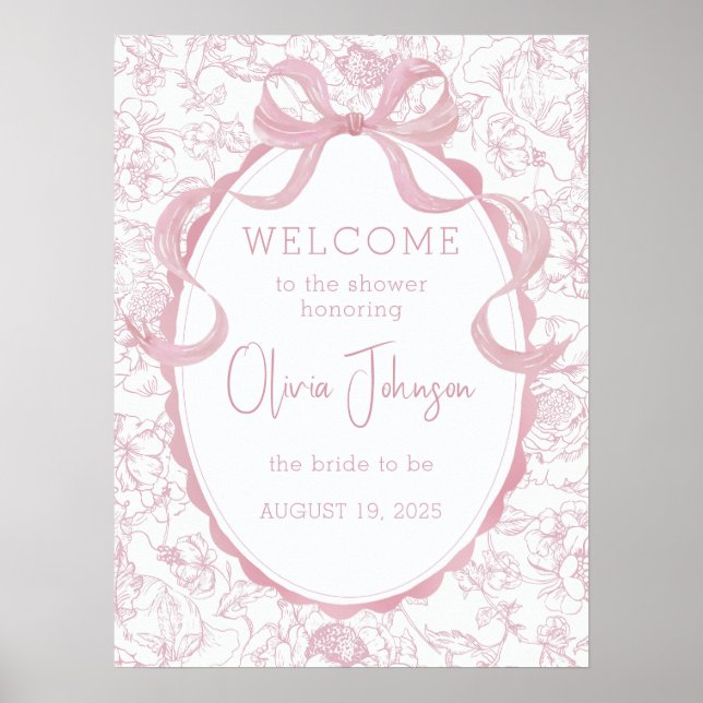 Poster Pink Bow Floral Chinoiserie Bridal Shower Welcome (Frente)