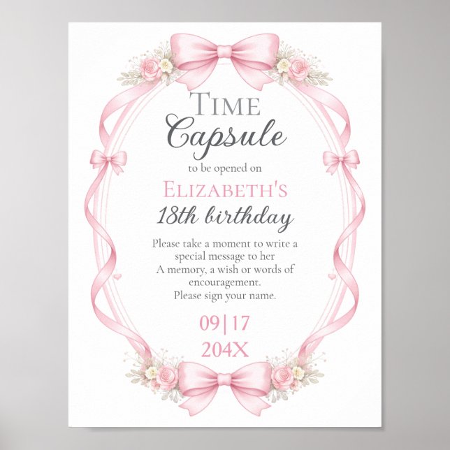 Poster Pink Bow Floral Time Capsule Sign 1st Birthday (Frente)