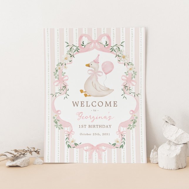 Poster Pink Bow One Silly Goose 1st Birthday Welcome (Criador carregado)