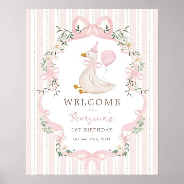 Poster Pink Bow One Silly Goose 1st Birthday Welcome (Frente)