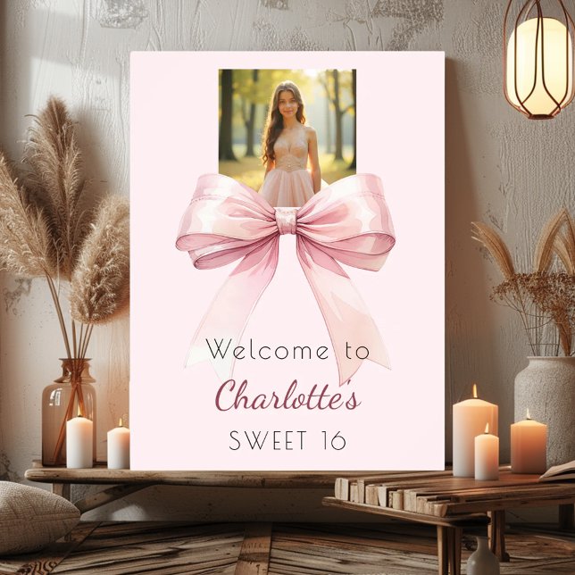 Poster Pink bow photo Sweet 16 party welcome (Criador carregado)
