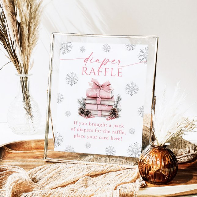 Poster Pink Bow Winter Books Baby Shower Diaper Raffle  (Criador carregado)