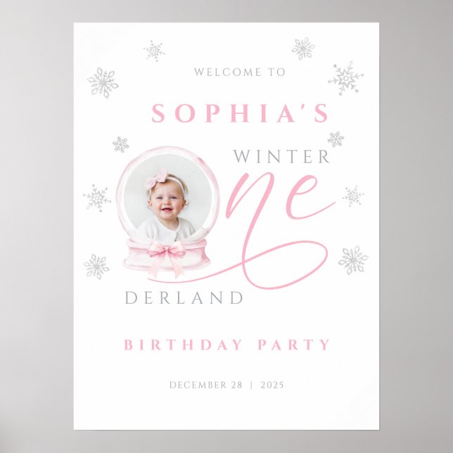 Poster Pink Bow Winter First Birthday Welcome Sign (Frente)