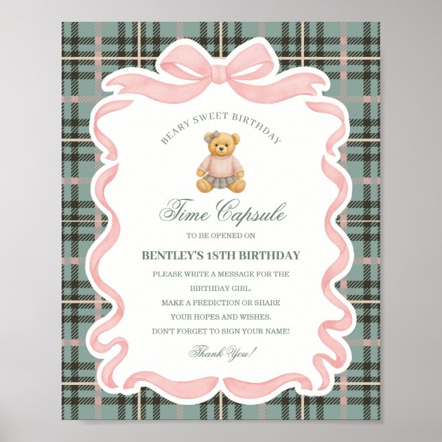 Poster Pink Coquette Bow Bear Birthday Time Capsule (Frente)