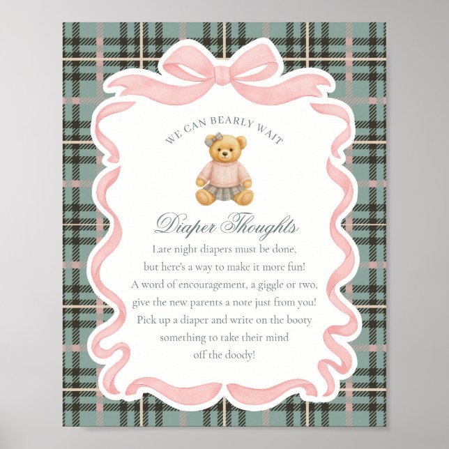 Poster Pink Coquette Bow Bear Plaid Diaper Thoughts (Frente)