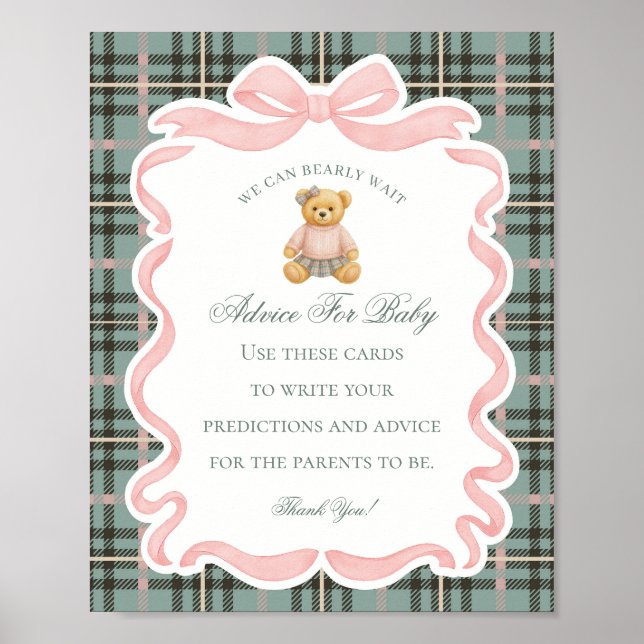 Poster Pink Coquette Bow Bear Shower Advice for Baby (Frente)