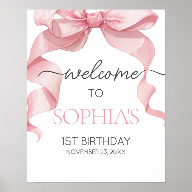 Poster Pink Coquette Bow Birthday Party Welcome Signs (Frente)