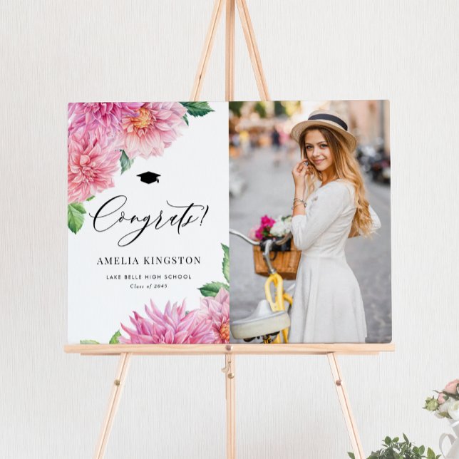Poster Pink Dahlia Congratulations Graduation Photo (Congrats to the grad! Customizable photo graduation sign featuring watercolor pink dahlias.)