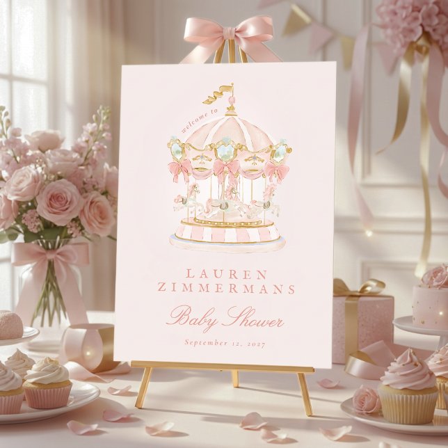 Poster pink fairytale carousel baby shower welcome sign (Criador carregado)