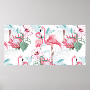 Poster Pink flamingo and exotic flowers, palm leaves, whi