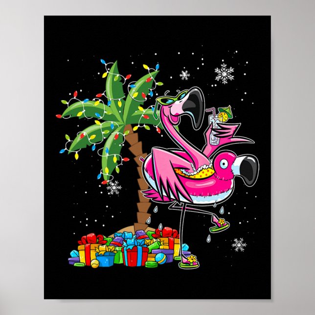 Poster Pink Flamingo de Natal Palm Tree Tropical Xmas Ho (Frente)