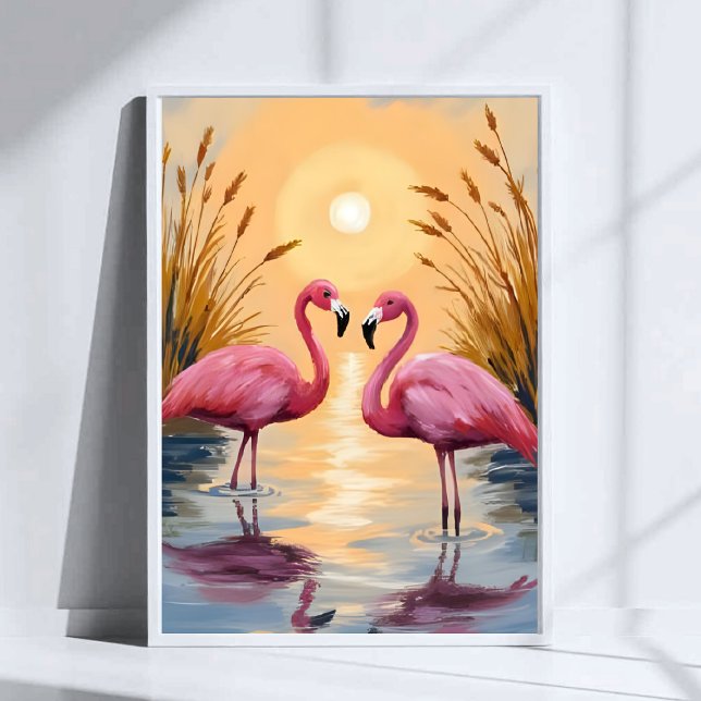 Poster Pink Flamingos Sunset Animal Painting (Criador carregado)