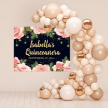 Pink Floral Dourado Brilho Estrelas Preto Quinceañ